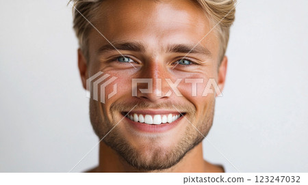 Close-up of a smiling man with fair skin and blond hair. He looks directly at the camera with bright, friendly eyes. 123247032