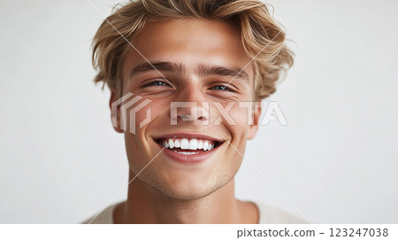 Smiling blonde man. Radiant complexion, bright white teeth, and an engaging smile against a clean, neutral backdrop. Confident expression. Smiling blonde man. Radiant complexion, bright white teeth, and an engaging smile against a clean, neutral backdrop. Confident expression. 123247038