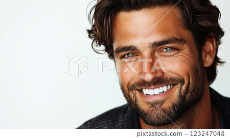 Close-up of a handsome man with a genuine smile, showcasing his healthy complexion and well-groomed beard against a clean backdrop. Close-up of a handsome man with a genuine smile, showcasing his healthy complexion and well-groomed beard against a clean backdrop. 123247048