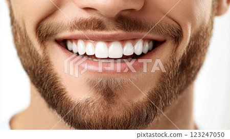Beaming Brightly: Close-up on a radiant, healthy smile showcasing impeccable dental hygiene and a well-groomed beard. Confident and inviting. 123247050