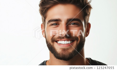 Smiling man portrait: Captivating brown hair, striking eyes, and a genuine smile against a neutral backdrop. 123247055