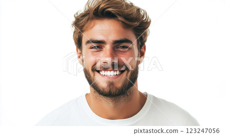 Smiling man portrait in white background.  He has a beard and wavy brown hair and is wearing a plain white t-shirt. Studio Shot. 123247056