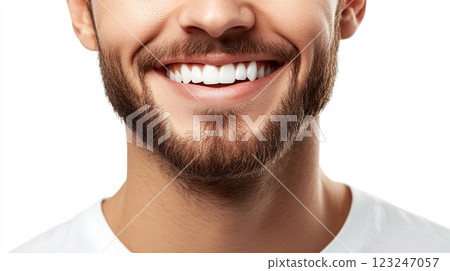 Close-up: A beaming smile showcases impeccable dental hygiene, teeth gleaming in brilliant white contrast with a well-groomed beard. 123247057