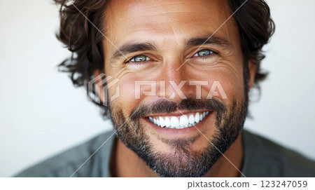 Smiling man: Close-up portrait of a handsome man with a beard, showing off his bright, white teeth, and eye wrinkles. He is posing indoors. Smiling man: Close-up portrait of a handsome man with a beard, showing off his bright, white teeth, and eye wrinkles. He is posing indoors. 123247059