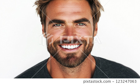 Portrait of a smiling man with a beard and green eyes against a plain white background. He is wearing a gray t-shirt. Portrait of a smiling man with a beard and green eyes against a plain white background. He is wearing a gray t-shirt. 123247063