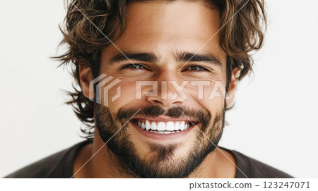 Close-up portrait of a smiling man with a beard, showcasing healthy teeth and a joyful expression against a plain background. Close-up portrait of a smiling man with a beard, showcasing healthy teeth and a joyful expression against a plain background. 123247071