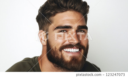 Portrait of a smiling handsome man with dark hair and beard. He is wearing a green shirt and posed in front of a white wall. Portrait of a smiling handsome man with dark hair and beard. He is wearing a green shirt and posed in front of a white wall. 123247073