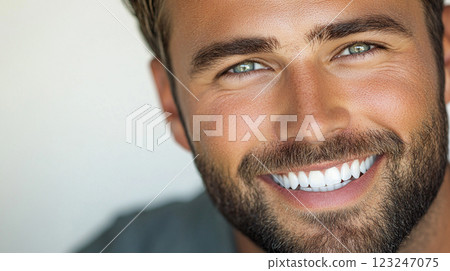 Smiling man with stubble, showing his perfect white teeth, against a blurry, light background, and a blurred neutral colored shirt. 123247075