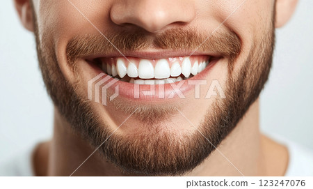 Close-up of a man's face showing a wide, healthy smile with white teeth and a neatly trimmed beard. The image highlights dental care. 123247076