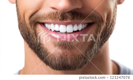 A man with a neatly trimmed beard showcases a radiant smile, highlighting the aesthetic appeal of healthy teeth and good grooming habits. 123247078