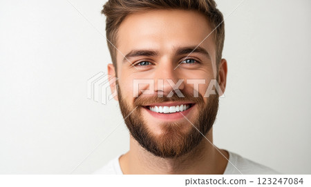Smiling man portrait. Beard, blue eyes, and perfect teeth. Positive attitude and charming face. Studio shot. Confident and handsome 123247084