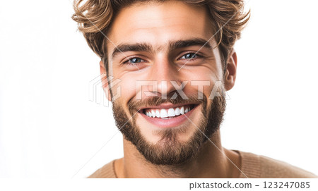 Smiling man with brown hair, beard, and bright eyes, showcasing his perfect teeth in a headshot portrait on a white background. 123247085