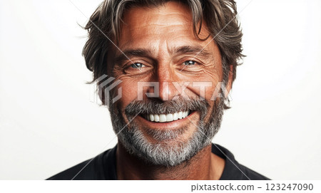 Portrait of a mature man with salt and pepper hair, smiling genuinely against a bright background, showing wisdom and approachability. Portrait of a mature man with salt and pepper hair, smiling genuinely against a bright background, showing wisdom and approachability. 123247090