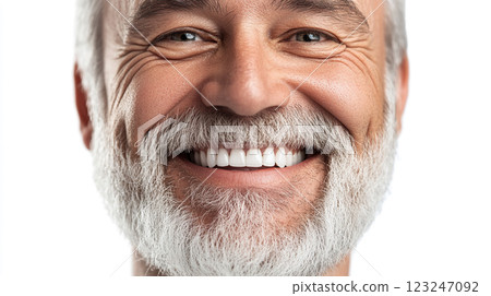 Smiling senior man with white beard and perfect teeth radiating positive energy and contentment. Expression of joy and good dental health. 123247092