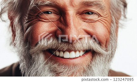 Close up of a smiling senior man with a white beard. He has some wrinkles and some white hair, and is facing forward. Close up of a smiling senior man with a white beard. He has some wrinkles and some white hair, and is facing forward. 123247095