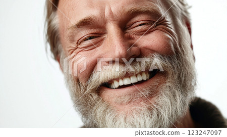 Close-up of a happy, mature man with a full, gray beard and a bright smile. He has wrinkles around his eyes, conveying joy and experience. 123247097