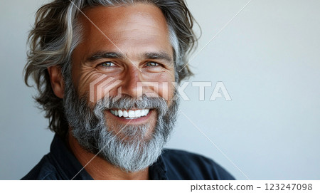 Smiling man with salt and pepper hair and beard. Friendly gaze and a relaxed demeanor. Aging gracefully with a positive attitude. 123247098
