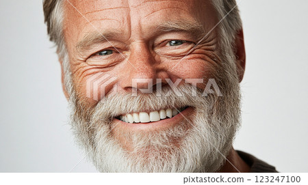 Close-up of a smiling older man with a white beard and kind eyes. He has a warm, approachable demeanor and exudes confidence and joy. 123247100