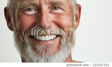 Close-up portrait of a smiling mature man with gray hair and beard, showcasing a warm and confident expression on a neutral background. Close-up portrait of a smiling mature man with gray hair and beard, showcasing a warm and confident expression on a neutral background. 123247101