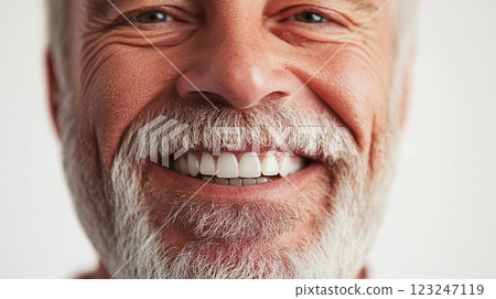 Close-up of a smiling older man with a full white beard and visible wrinkles, showcasing a happy and natural expression, bright background. 123247119
