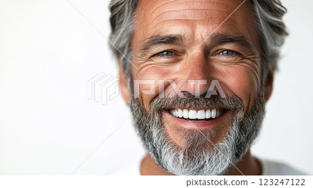 Smiling mature man with graying hair and a beard, showcasing a kind face and healthy teeth in a close-up shot against a plain background. 123247122