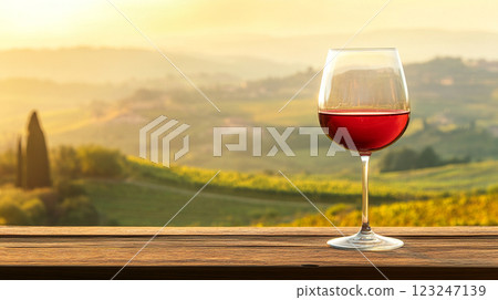 A glass of red wine is set on a wooden surface, overlooking a scenic view of rolling hills under a golden sky at sunset in the countryside. 123247139