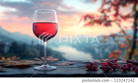 Wine in glass at sunset. Enjoying a glass of red wine at dusk with nature background on table, creating a serene, relaxing atmosphere 123247142