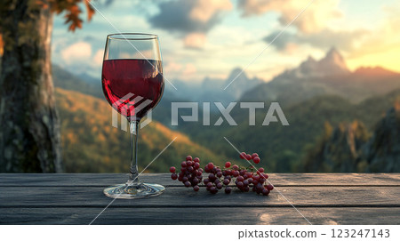 Wine with stunning views. Enjoying a glass of wine on a wooden table with a grape and beautiful mountain background. Wonderful time to relax. 123247143