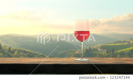 A glass of red wine sits on a wooden table against a blurred background of rolling hills and a light blue sky during a pleasant day. 123247144