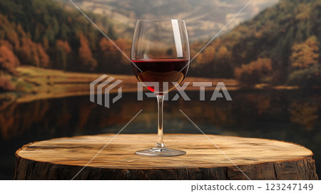 Elegant red wine in glass, scenic autumn backdrop. Perfect for a cozy evening of relaxation and enjoyment in nature's beauty. Elegant red wine in glass, scenic autumn backdrop. Perfect for a cozy evening of relaxation and enjoyment in nature's beauty. 123247149
