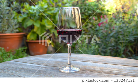 A glass of red liquid on a wooden table, surrounded by lush greenery, bathed in soft sunlight, creating a serene, natural setting. 123247151