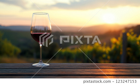 Sunset view with a glass of red wine on a rustic wooden table, overlooking vineyard hills. Enjoying a relaxed evening with nature's beauty. 123247153