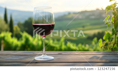 Scenic Wine: A glass of rich red wine sits on a wooden surface, overlooking a lush vineyard landscape under a bright, sunlit sky. 123247156