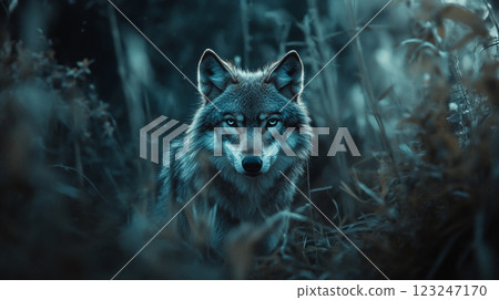 A striking wolf portrait, captured in a wild, grassy field, gazing directly forward with intense eyes under a night time cold light. A striking wolf portrait, captured in a wild, grassy field, gazing directly forward with intense eyes under a night time cold light. 123247170