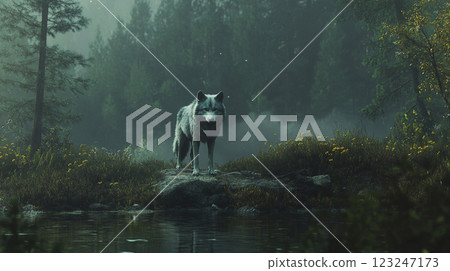 Lone wolf standing on a rock next to a lake with a forest behind, creating a serene yet wild scene of nature's beauty and tranquility. 123247173