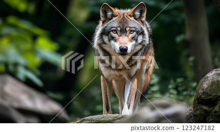 Focused wolf portrait; the animal is standing on a rock formation, it has a beautiful coat with grey, brown, and white tones. 123247182