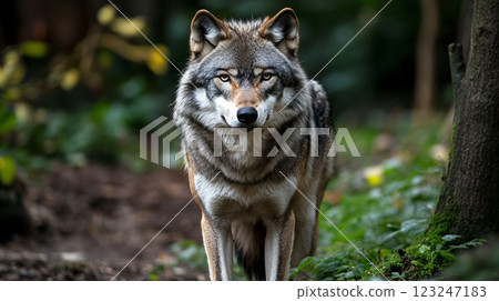 A timber wolf gazes intently at the camera, its fur a blend of gray and brown against a soft green forest backdrop, radiating wildlife intensity. 123247183