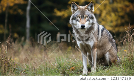 A wolf sits majestically in a grassy field, its keen eyes alert. Its fur is a mix of grays, browns and white blends seamlessly. A wolf sits majestically in a grassy field, its keen eyes alert. Its fur is a mix of grays, browns and white blends seamlessly. 123247189