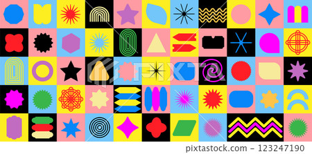 Abstract geometric background. Bauhaus Swiss pattern background, dynamic shapes and vibrant colors. Abstract geometric background. Bauhaus Swiss pattern background, dynamic shapes and vibrant colors. 123247190