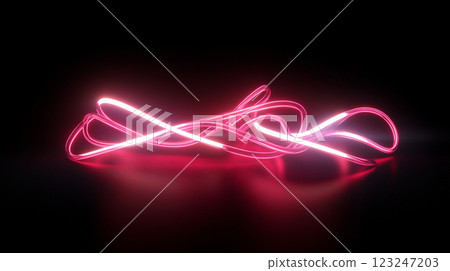 A luminous tangle of vibrant, pink tubing rests on a glossy black surface, illuminated against the dark background. A luminous tangle of vibrant, pink tubing rests on a glossy black surface, illuminated against the dark background. 123247203