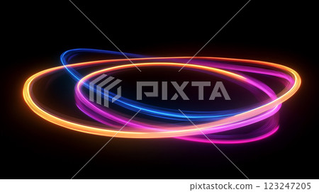 Abstract light trails against a black backdrop, featuring intertwined rings of vibrant colors like blue, orange, and pink, creating dynamic contrast. Abstract light trails against a black backdrop, featuring intertwined rings of vibrant colors like blue, orange, and pink, creating dynamic contrast. 123247205