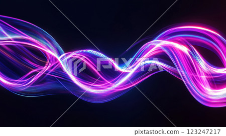 Abstract image of interwoven glowing light trails in vibrant hues of pink, purple, and blue against a dark background, dynamic composition. 123247217