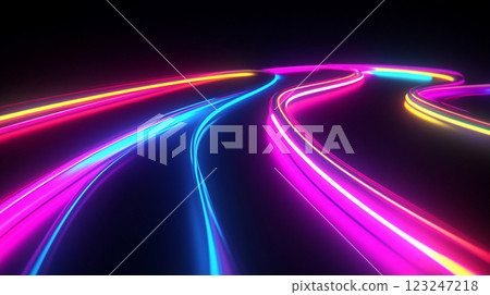 Vibrant neon streams of pink, blue, and yellow paint a futuristic path against a dark backdrop, creating a glowing network effect. Vibrant neon streams of pink, blue, and yellow paint a futuristic path against a dark backdrop, creating a glowing network effect. 123247218