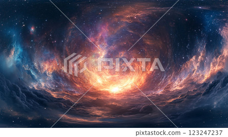 Stunning cosmic scene with a vibrant nebula swirling in space, showcasing fiery reds and oranges against a backdrop of dark blues. Stunning cosmic scene with a vibrant nebula swirling in space, showcasing fiery reds and oranges against a backdrop of dark blues. 123247237