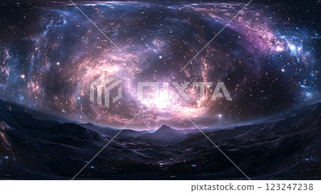 Panoramic vista of a cosmic expanse, revealing a star-filled galaxy swirling above an undulating, shadowed, mountainous landscape. 123247238