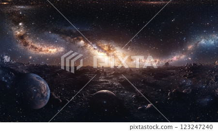 A breathtaking cosmic vista showcases planets on a rugged terrain beneath a radiant, star-studded galaxy, evoking the infinite expanse of space. 123247240