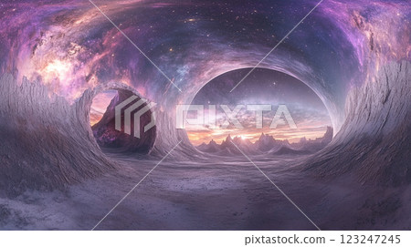 Surreal landscape featuring cosmic skies viewed through unique rock formations, blending earthly and otherworldly elements in a seamless visual. 123247245