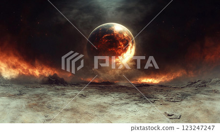Dramatic cosmic scene: Molten planet rises above desolate, rocky landscape under a smoky sky. Burning atmosphere creates tension. Dramatic cosmic scene: Molten planet rises above desolate, rocky landscape under a smoky sky. Burning atmosphere creates tension. 123247247