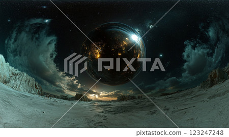 A celestial sphere hovers above a desolate, rocky landscape beneath a starlit sky, blending cosmic wonder with earthly desolation. 123247248