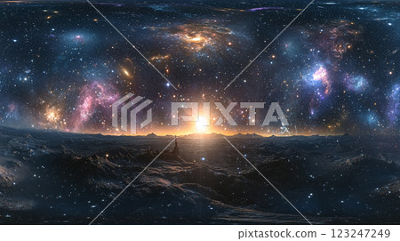 Cosmic Panorama: An otherworldly horizon where galaxies meet a rugged landscape under the celestial glow of stars and interstellar light. 123247249